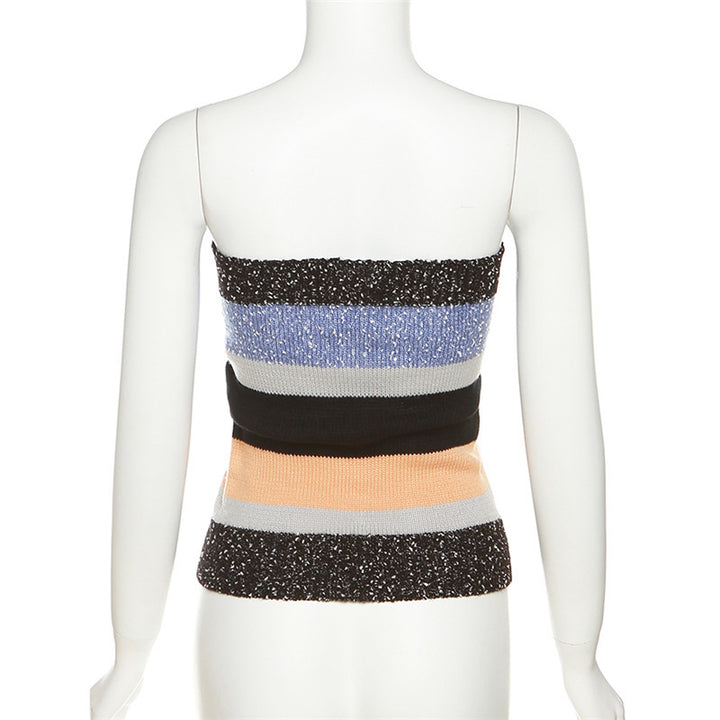 Damen Bandeau-Top mit bunten Streifen und dekorativen Knöpfen Drune