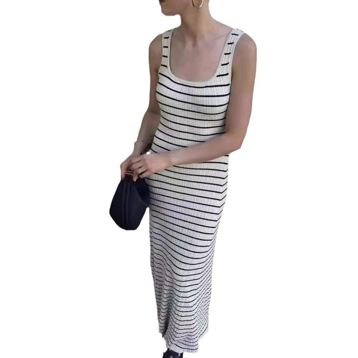 Damen Langes Strickkleid mit modischem Streifenmuster und tiefem Ausschnitt Drune