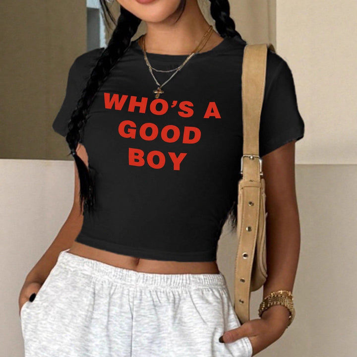 Damen Crop-T-Shirt mit kreativem Print und figurbetontem Schnitt Drune
