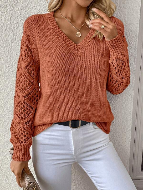 Damen Designer-Strickpullover mit extravaganten Lochmustern und V-Ausschnitt Drune