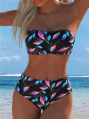 Damen Bandeau-Bikini mit hohem Taillenschnitt und kontrastierendem Blumendesign Drune