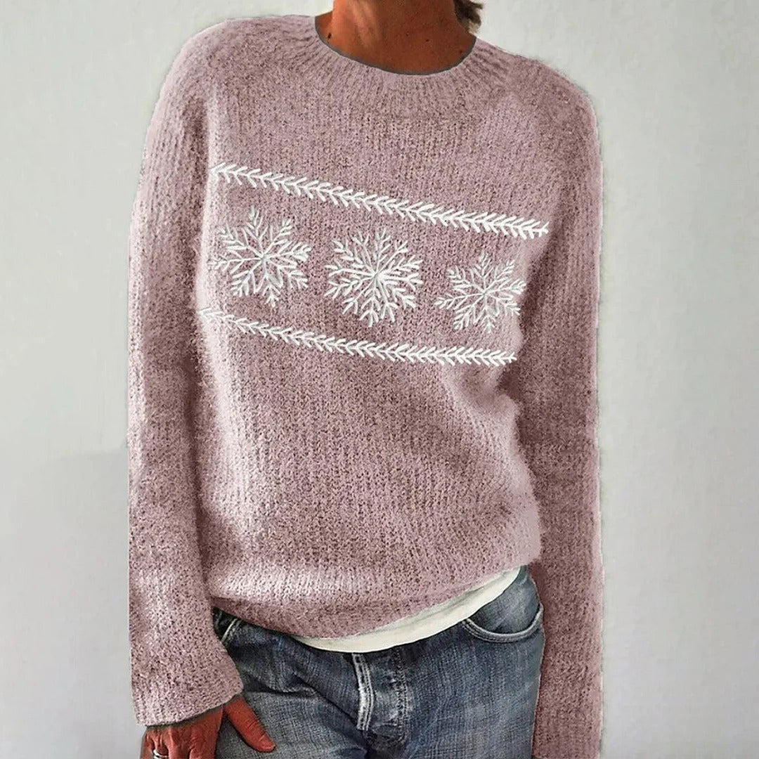 Damen weicher Strickpullover mit einzigartigem Schneeflocken-Stickerei Drune