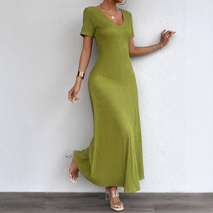 Damen Langarm Maxikleid mit elegantem V-Ausschnitt und Rippstruktur Drune