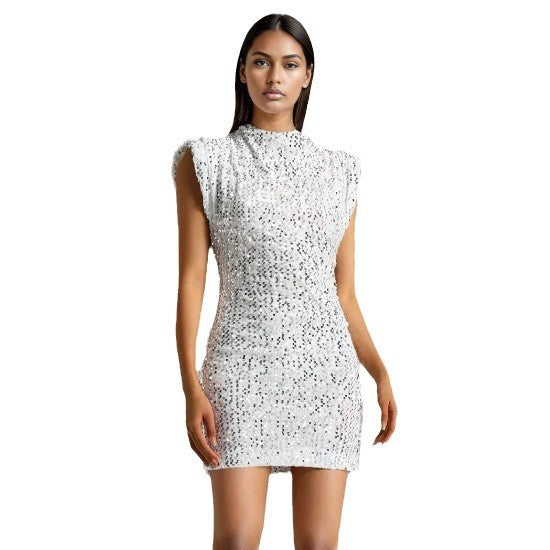 Damen Glitzerndes Minikleid mit elegantem Stehkragen und schimmernden Pailletten Drune