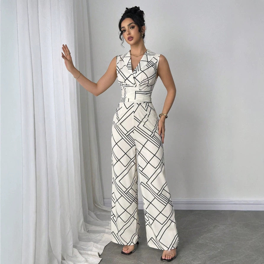 Damen Eleganter Jumpsuit mit geometrischem Muster und taillierter Passform Drune