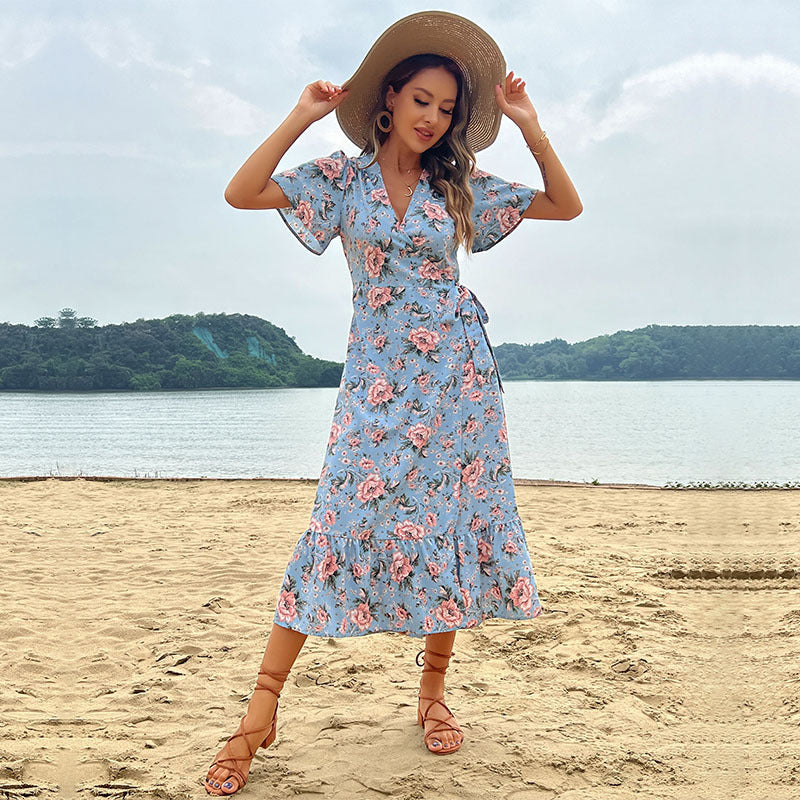 Damen romantisches Maxikleid mit floralem Design und Rüschensaum Drune