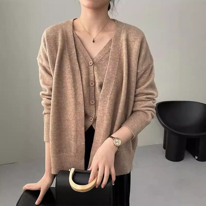 Damen Gemütliche Strickjacke mit tiefem V-Ausschnitt und strukturiertem Rippdesign Drune