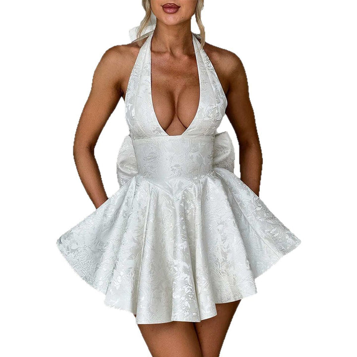 Damen A-Linien Kleid mit tiefem Ausschnitt und Schleifendetails Drune