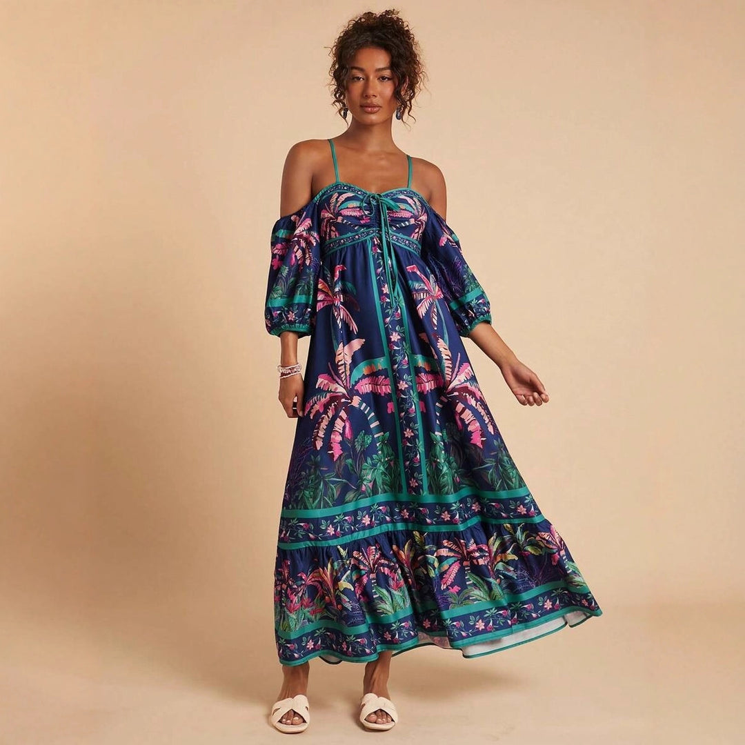 Damen Maxikleid mit schulterfreiem Design und tropischem Druck Drune