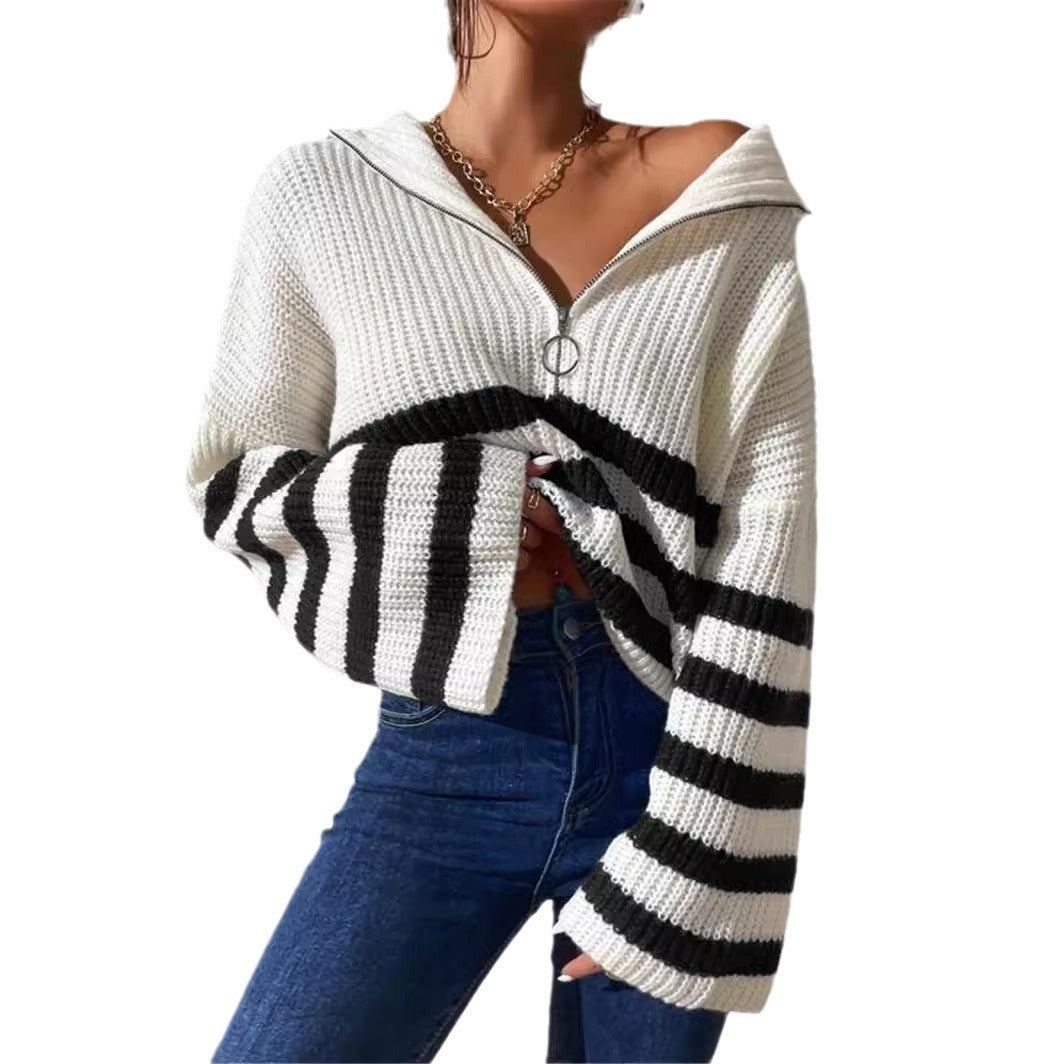 Damen Kapuzenpullover mit strukturiertem Strickmuster und modischen Streifen Drune