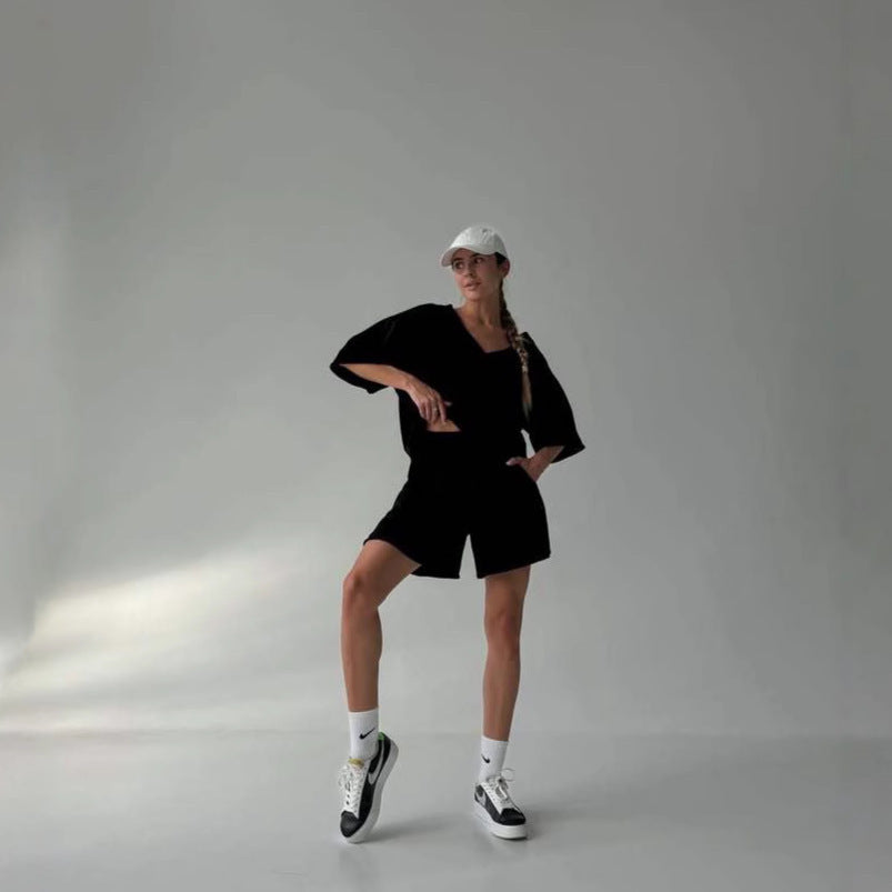 Damen lässiges Oberteil und Shorts Set mit übergroßem Schnitt und schneller Trocknung Drune