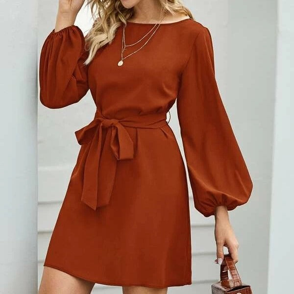 Damen Elegantes Kleid mit Ballonärmeln und Taillengürtel Drune