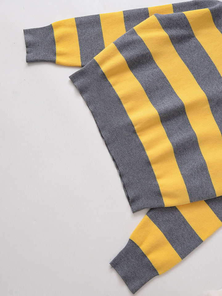 Damen lässiger Strickpullover mit stylisierten Streifen und Polokragen Drune