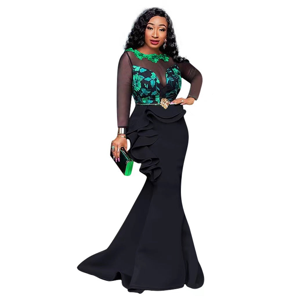 Damen Elegantes Abendkleid mit transparenten Ärmeln und Rüschendetail Drune