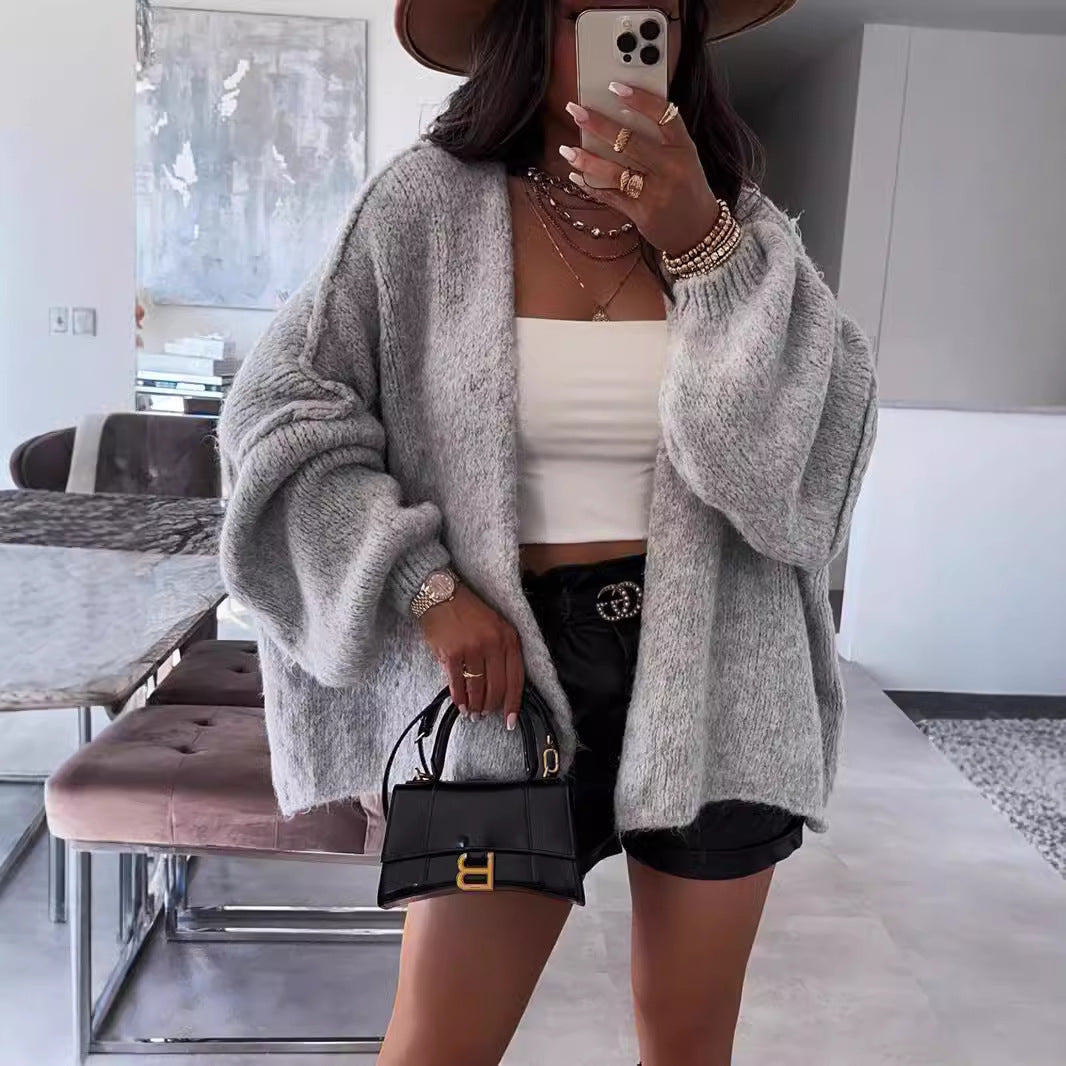 Damen kuschelige Strickjacke mit voluminösen Ärmeln Drune