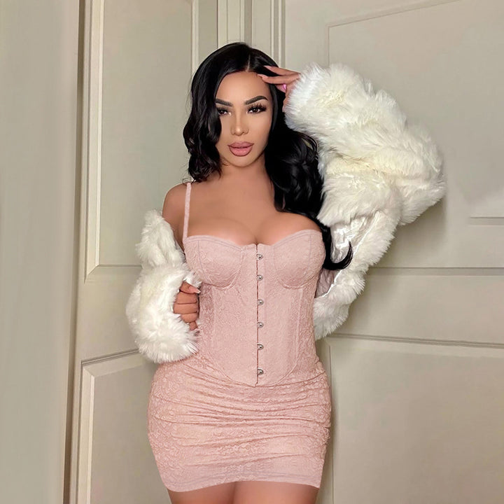 Damen minimalistisches Korsettkleid mit eleganter Knopfleiste und Spitzenakzenten Drune