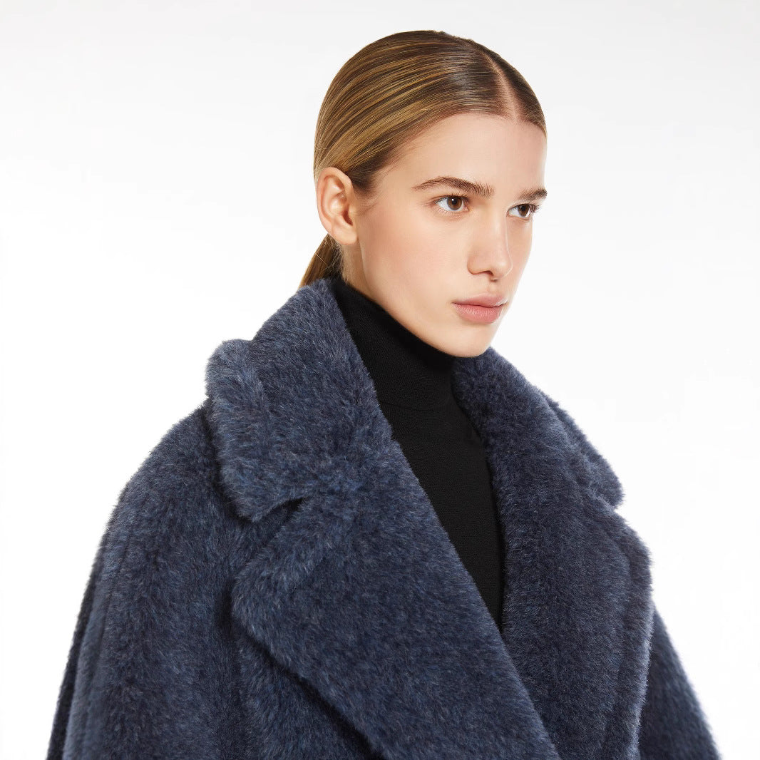 Damen kuscheliger Mantel mit breitem Revers und aufgesetzten Taschen Drune