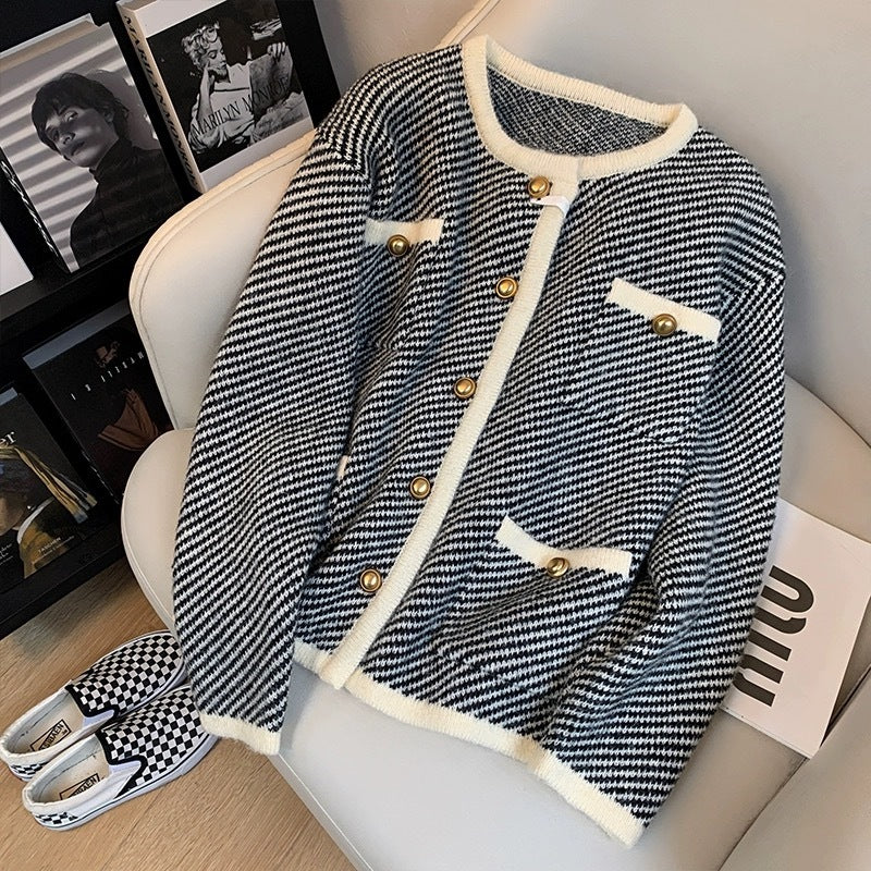 Damen elegante Strickjacke im klassischen Hahnentritt-Design mit goldenen Knöpfen Drune