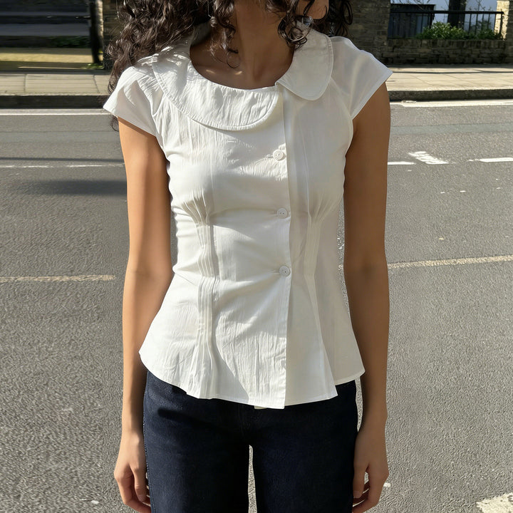 Damen klassisches Kurzarmblusenshirt mit modischem Kragen Drune