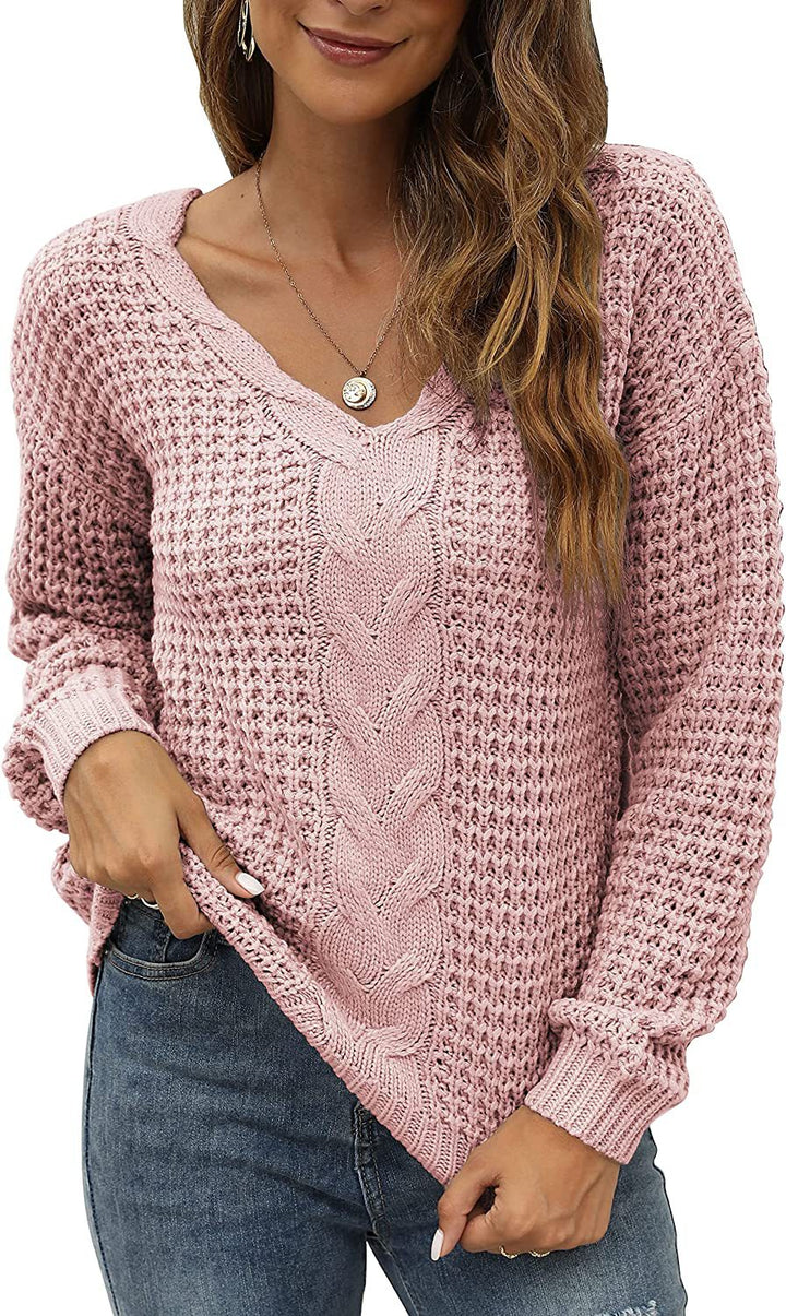 Damen lässiger Strickpullover mit tiefem V-Ausschnitt und detailliertem Zopfmuster Drune