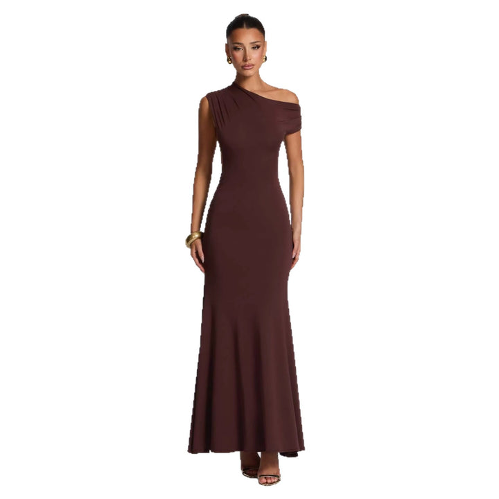 Damen Elegantes asymmetrisches Maxikleid mit schulterfreiem Design Drune