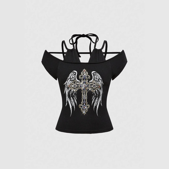 Damen Off-Shoulder Top mit funkelndem Kreuz-Design Drune