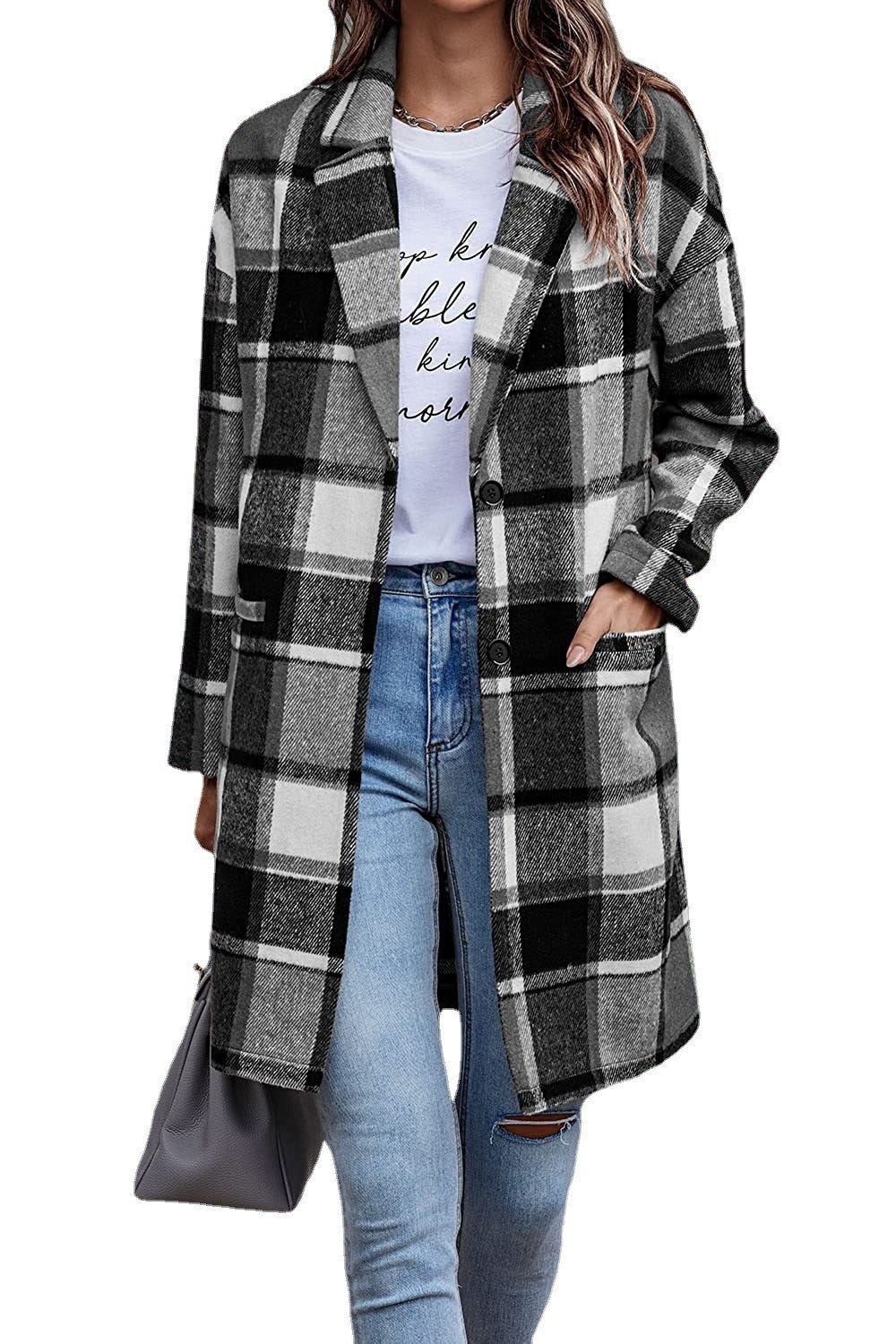 Damen Karierter Oversized-Mantel mit stilvollen Taschen und Umschlagkragen Drune