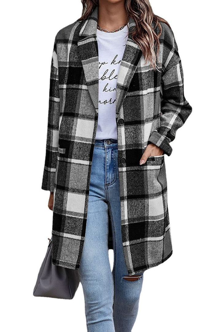 Damen Karierter Oversized-Mantel mit stilvollen Taschen und Umschlagkragen Drune
