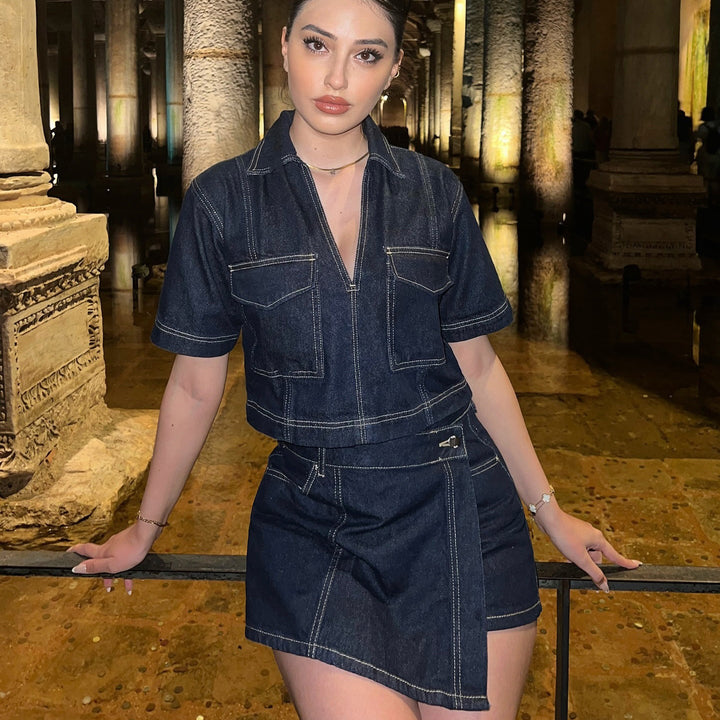 Damen Denim-Crop-Top und Rock-Set Drune