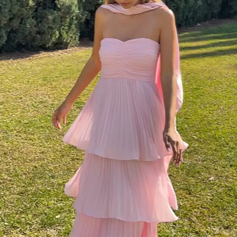 Damen Bodenlanges Rüschen-Maxikleid mit schulterfreiem Schnitt und fließendem Material Drune