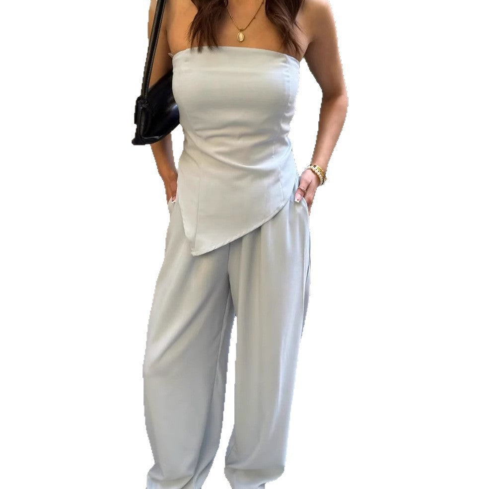 Damen eleganter Jumpsuit mit Schulterfreier Schnittführung und fließendem Material Drune