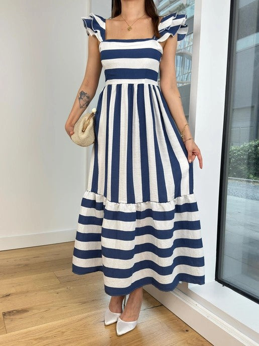 Damen Maxi-Kleid mit verspieltem Streifenmuster und Rüschendetails Drune