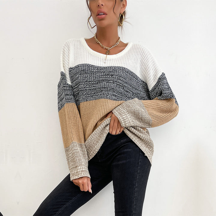 Damen lässiger Strickpullover mit blockierendem Farbdesign Drune