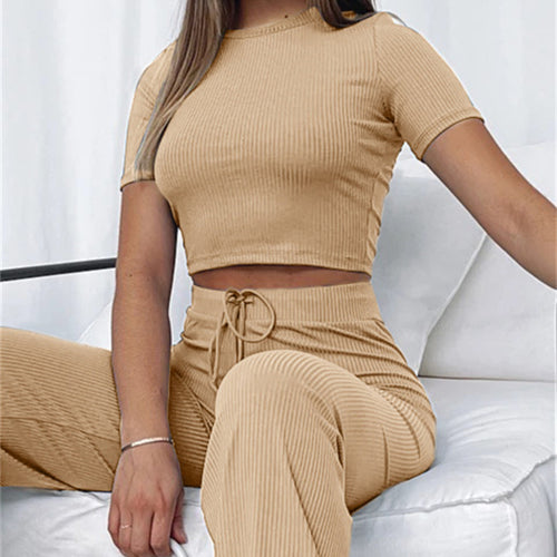 Damen lässiges Rippstrick-Cropped-Oberteil und Hose Set Drune