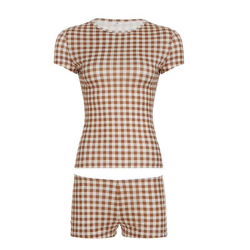 Damen Kurzarm-Oberteil und Shorts-Set im Karo-Design Drune