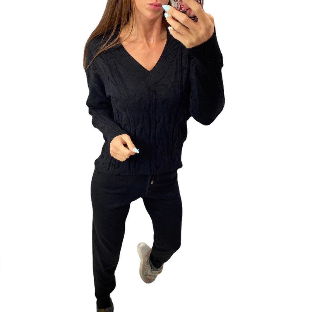 Damen Strickpullover und Jogginghose Set mit Zopfmuster Drune