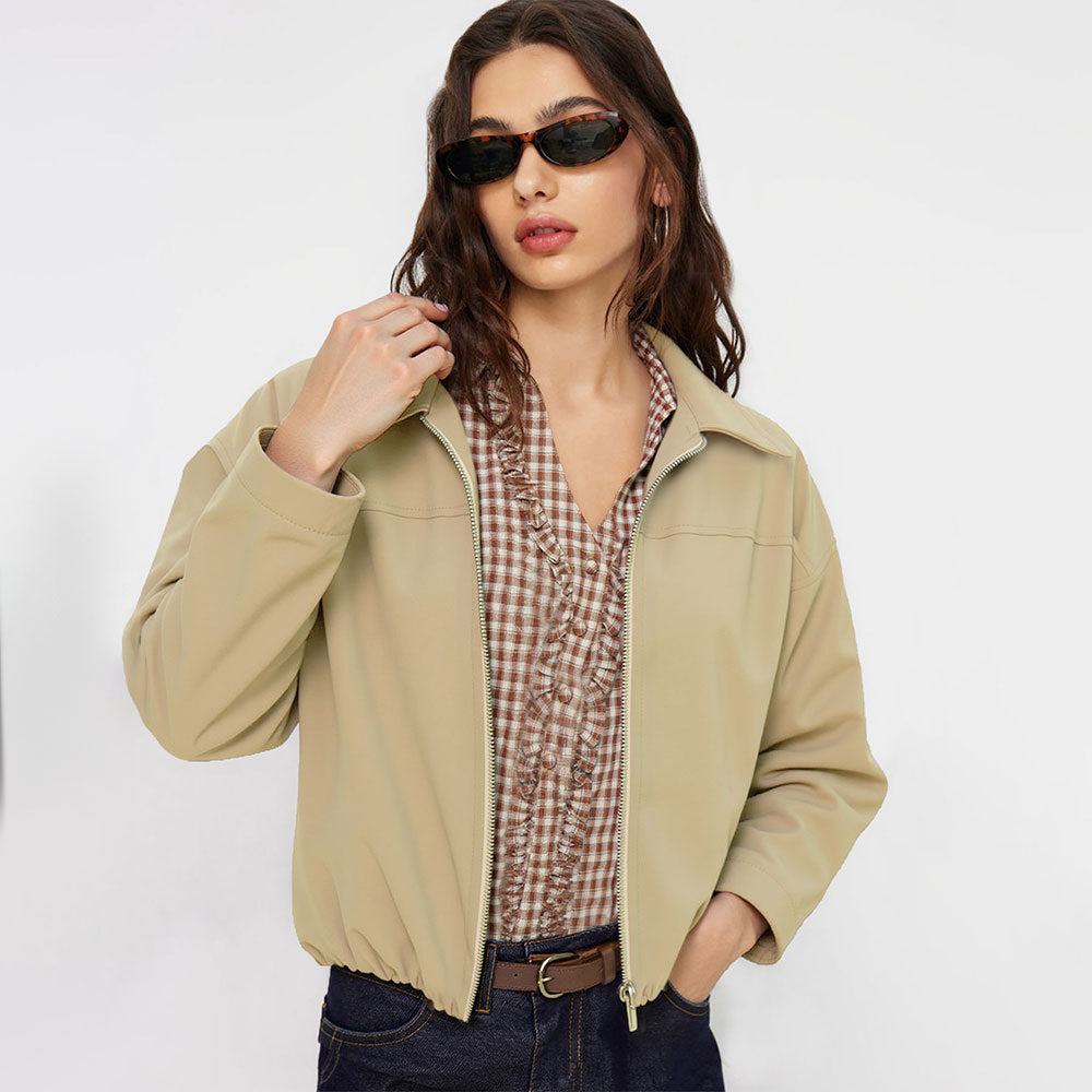 Damen lässige Kurzjacke mit elastischen Bündchen und modischem Reißverschluss Drune