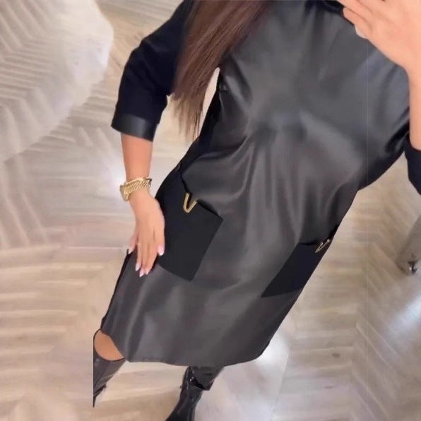 Damen Elegantes Lederkleid mit praktischen Reißverschlusstaschen Drune