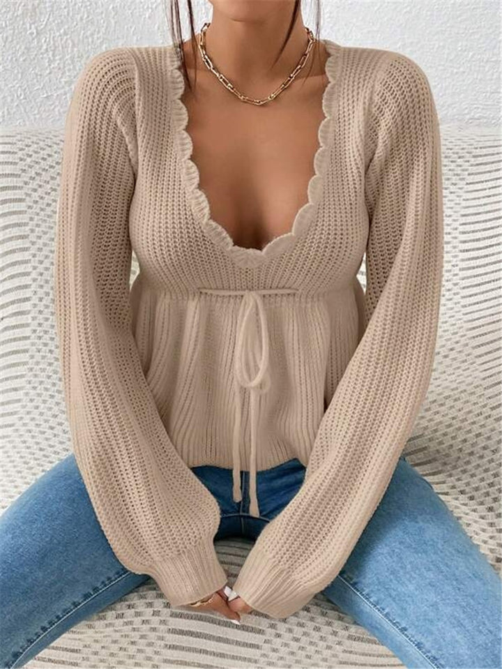 Damen Strickpullover mit dekorativem Rundhalsausschnitt und Kordelzug Drune