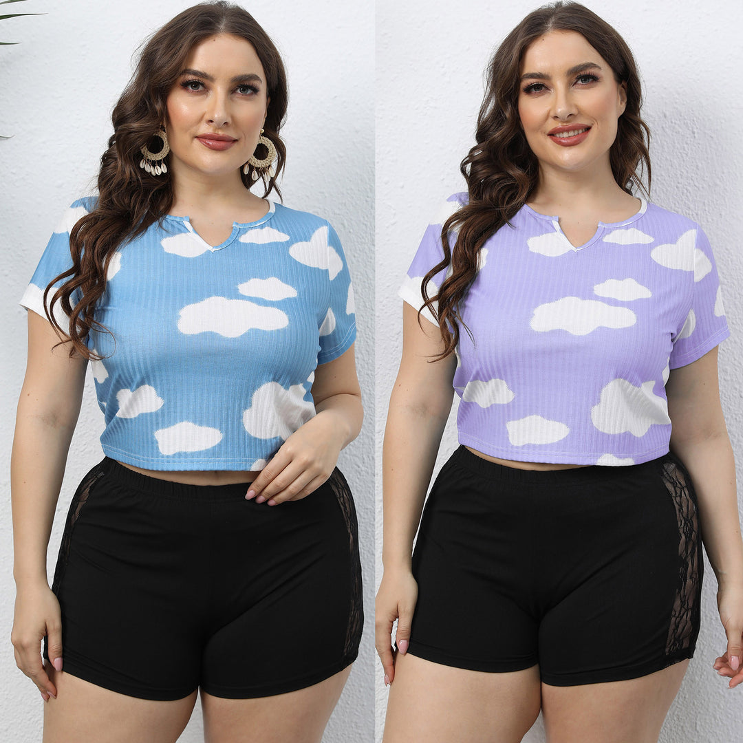 Damen cropped T-Shirt mit Wolkenmuster und elastischem Bund Drune