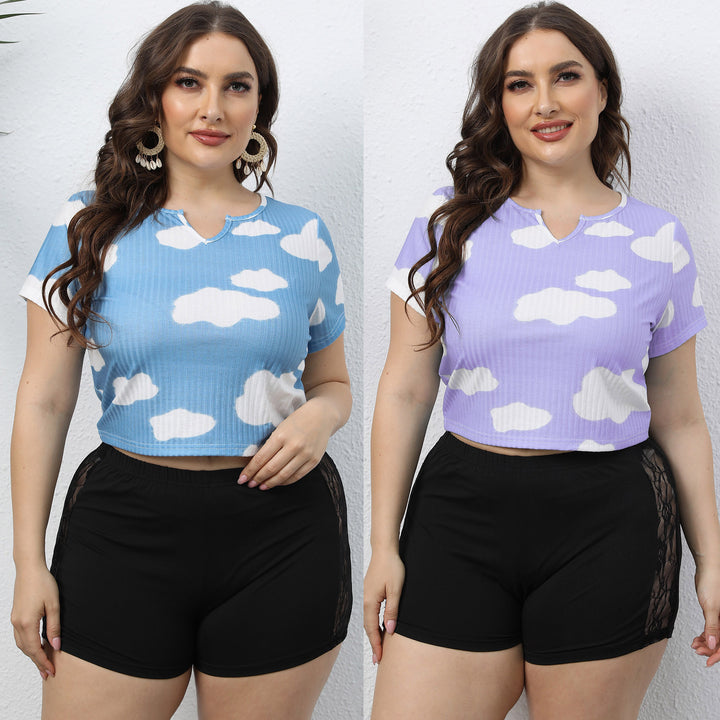 Damen cropped T-Shirt mit Wolkenmuster und elastischem Bund Drune