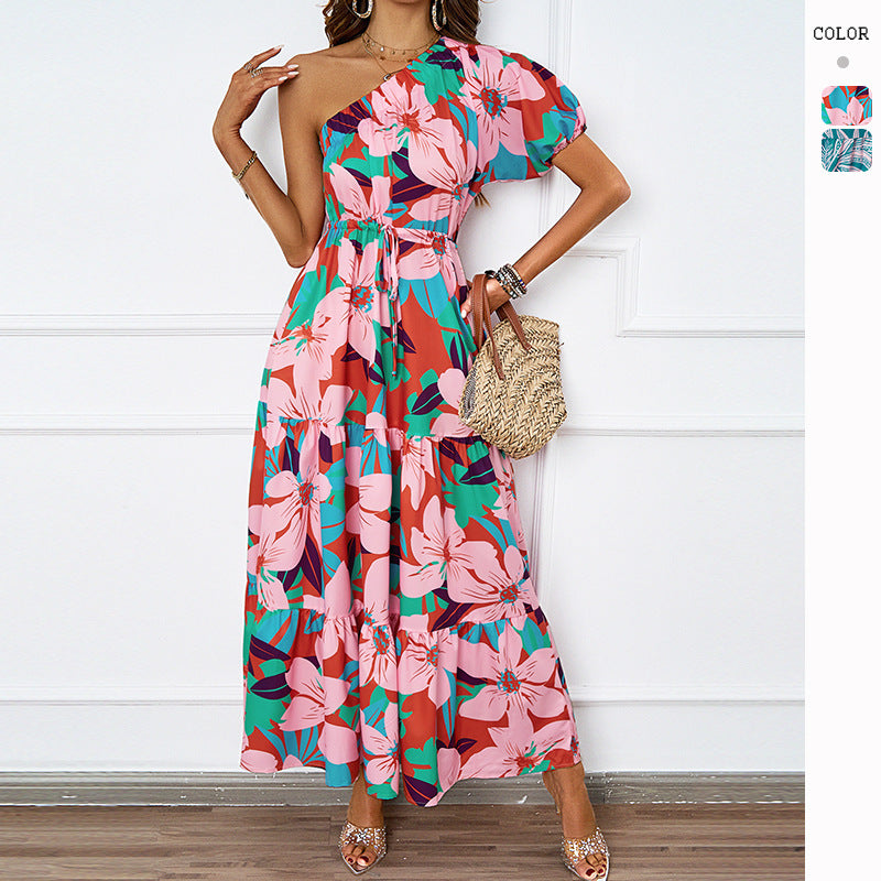 Damen Maxikleid im asymmetrischen Design mit floralem Muster und Wickelgürtel Drune