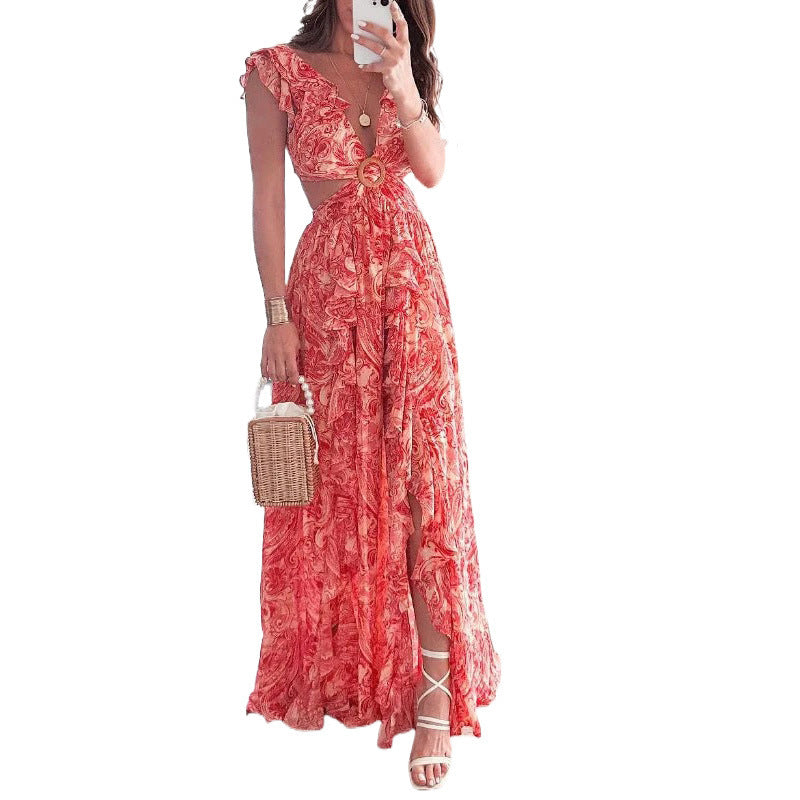 Damen Maxikleid mit hohem Schlitz und floralen Rüschendetails Drune