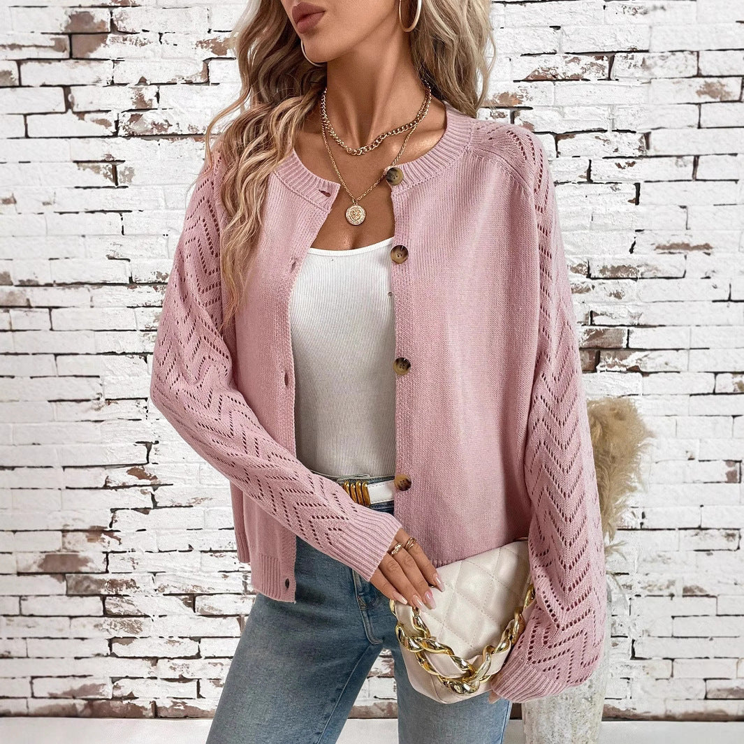Damen feingestrickte Cardigan mit dekorativem Wellenmuster und Knopfleiste Drune