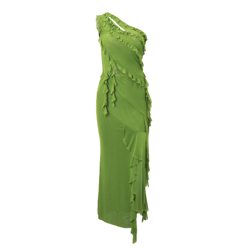 Damen hochgeschlossenes Maxikleid mit asymmetrischem Rüschendesign und eleganter Drapierung Drune
