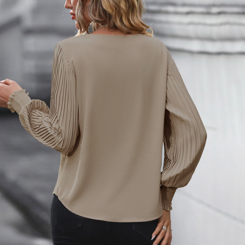 Damen Bluse mit voluminösen Plisseeärmeln und elegantem V-Ausschnitt Drune