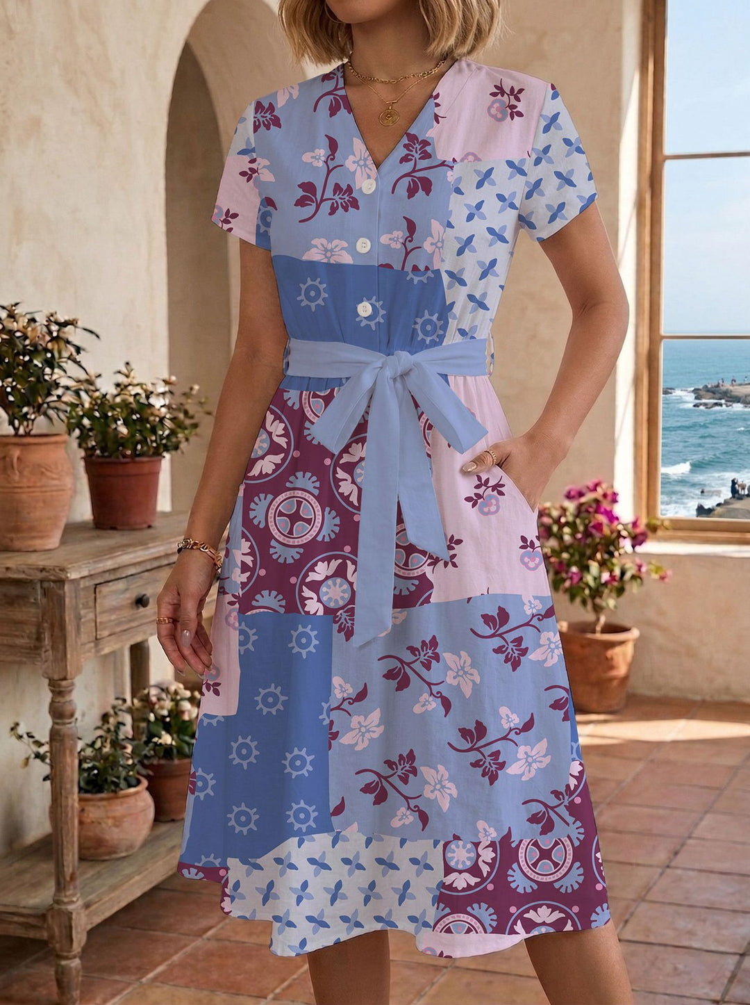Damen Sommerliches Kleid mit taillierbarem Bindegürtel und floralem Muster Drune