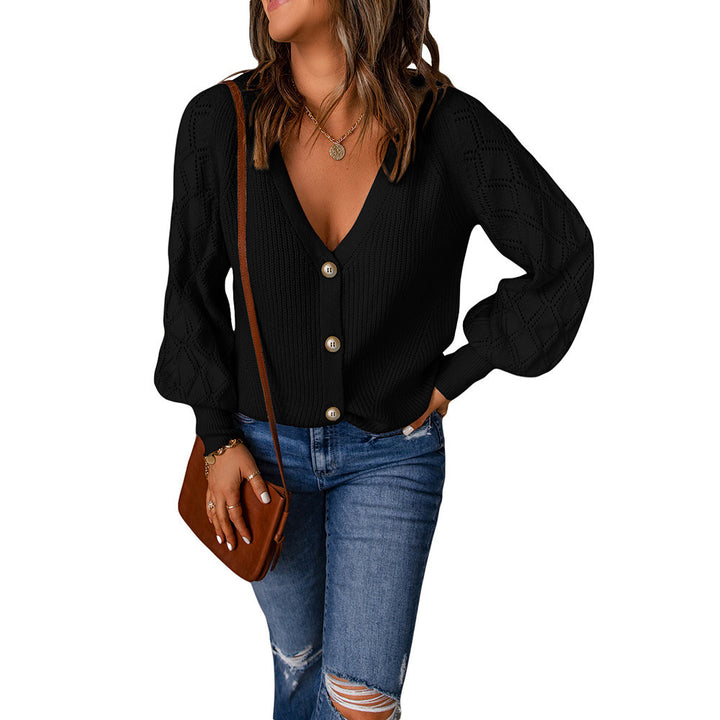 Damen Strickjacke mit V-Ausschnitt und Puffärmeln Drune