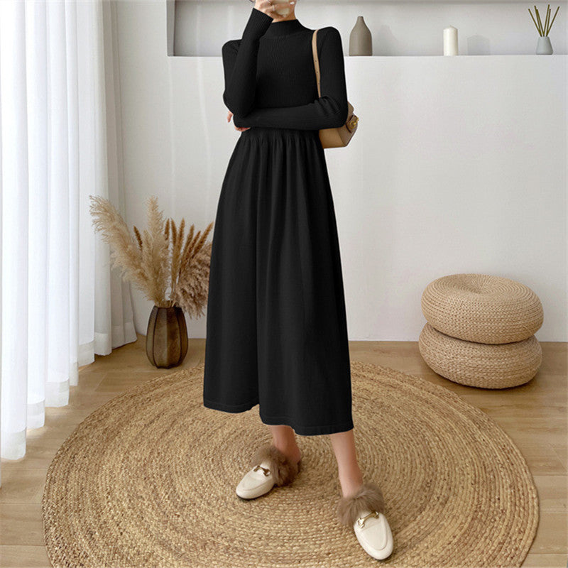 Damen Elegantes Maxikleid mit hohem Kragen und elastischem Bund Drune
