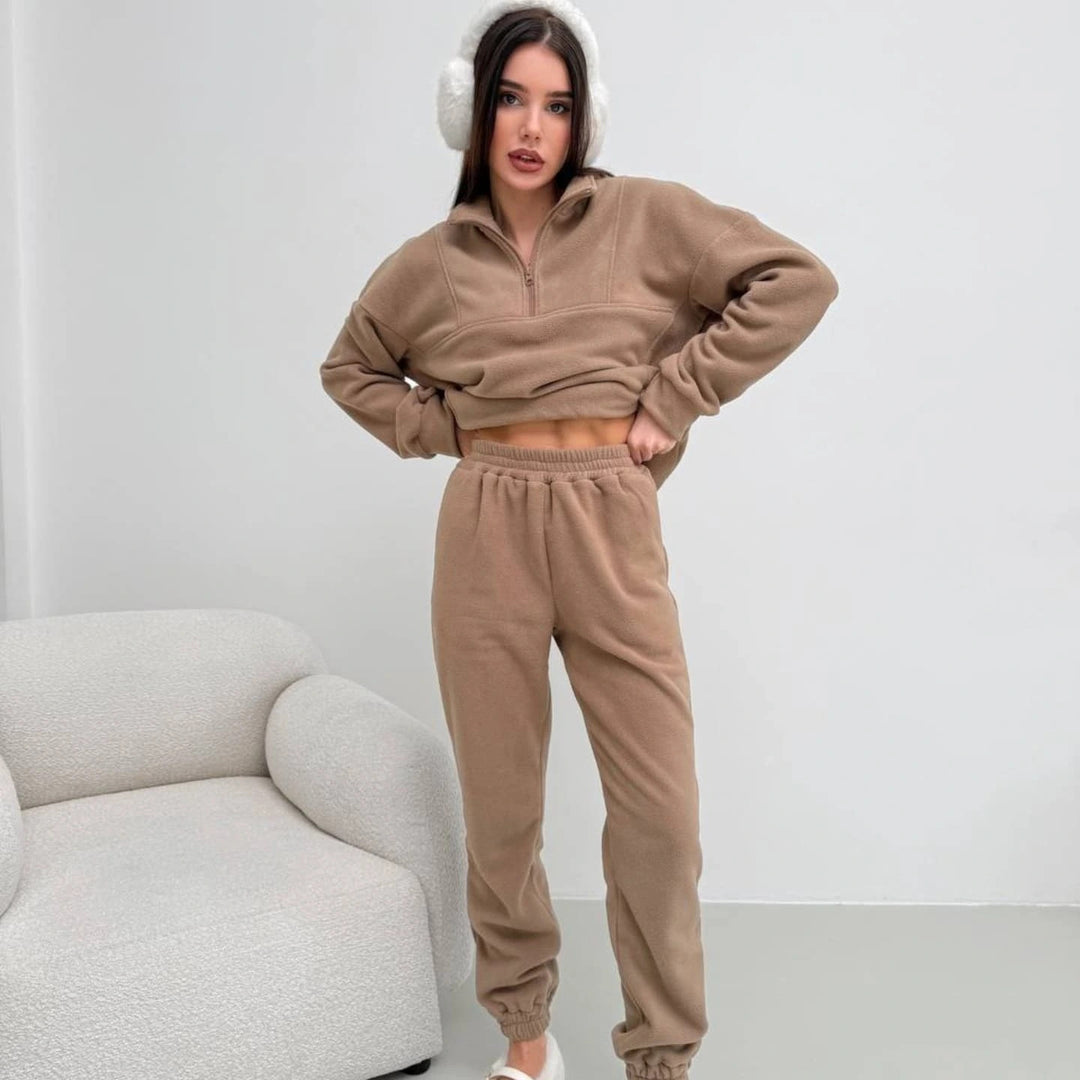 Damen Fleece-Loungewear-Set mit hohem Kragen und elastischem Bund Drune